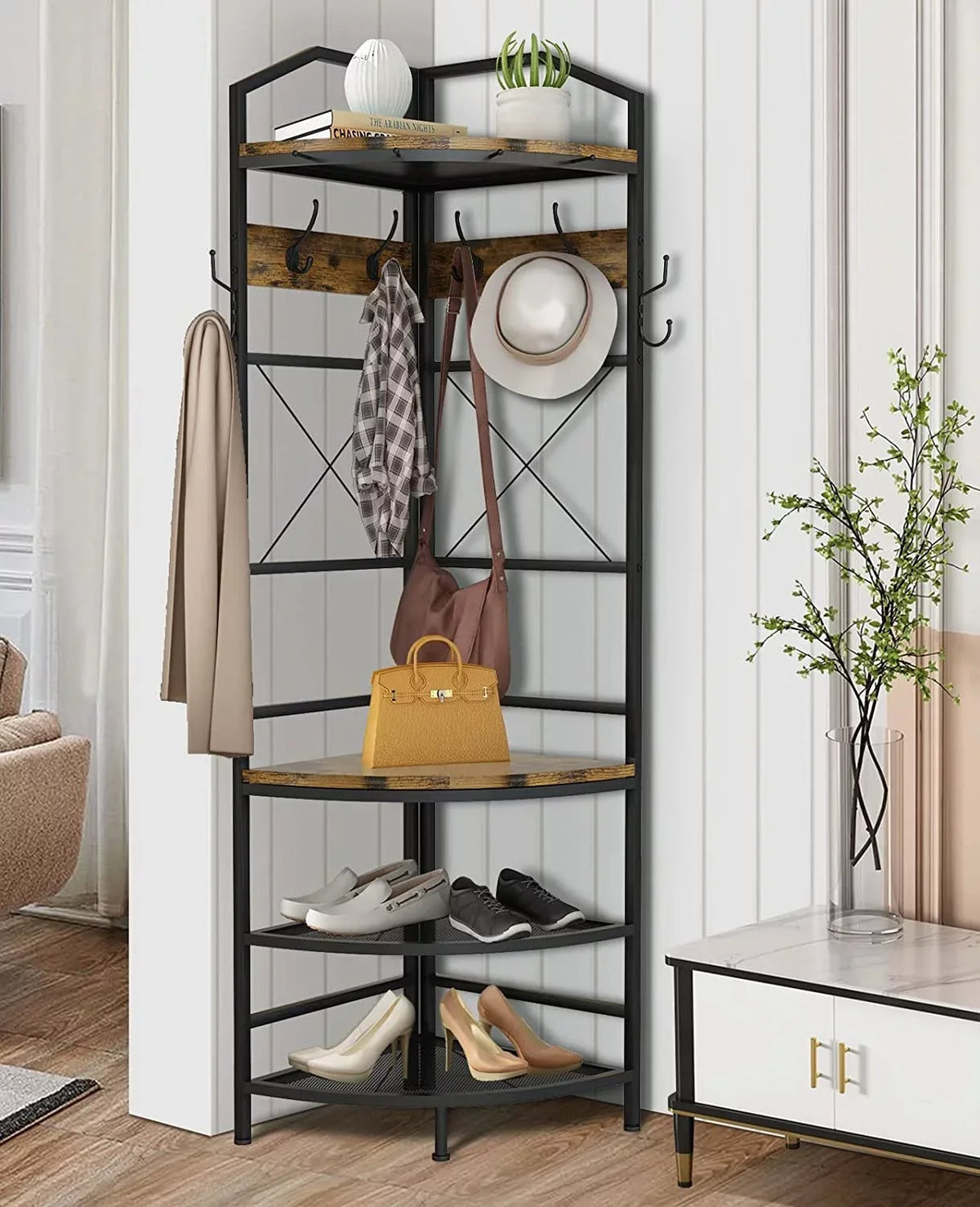 Corner Coat Rack Hall Tree With Shoe Bench, 6 Metal Hooks, Rustic Brown And Black, 17.72in x 17.72in x 72.05in