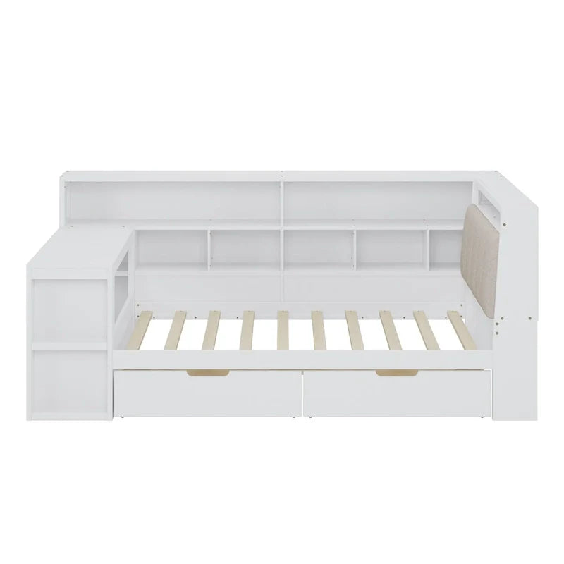Ivery Furniture L-Shaped Wooden Twin/Full Daybed With Desk, Bookcase, Drawers And RGB Light - Natural/White