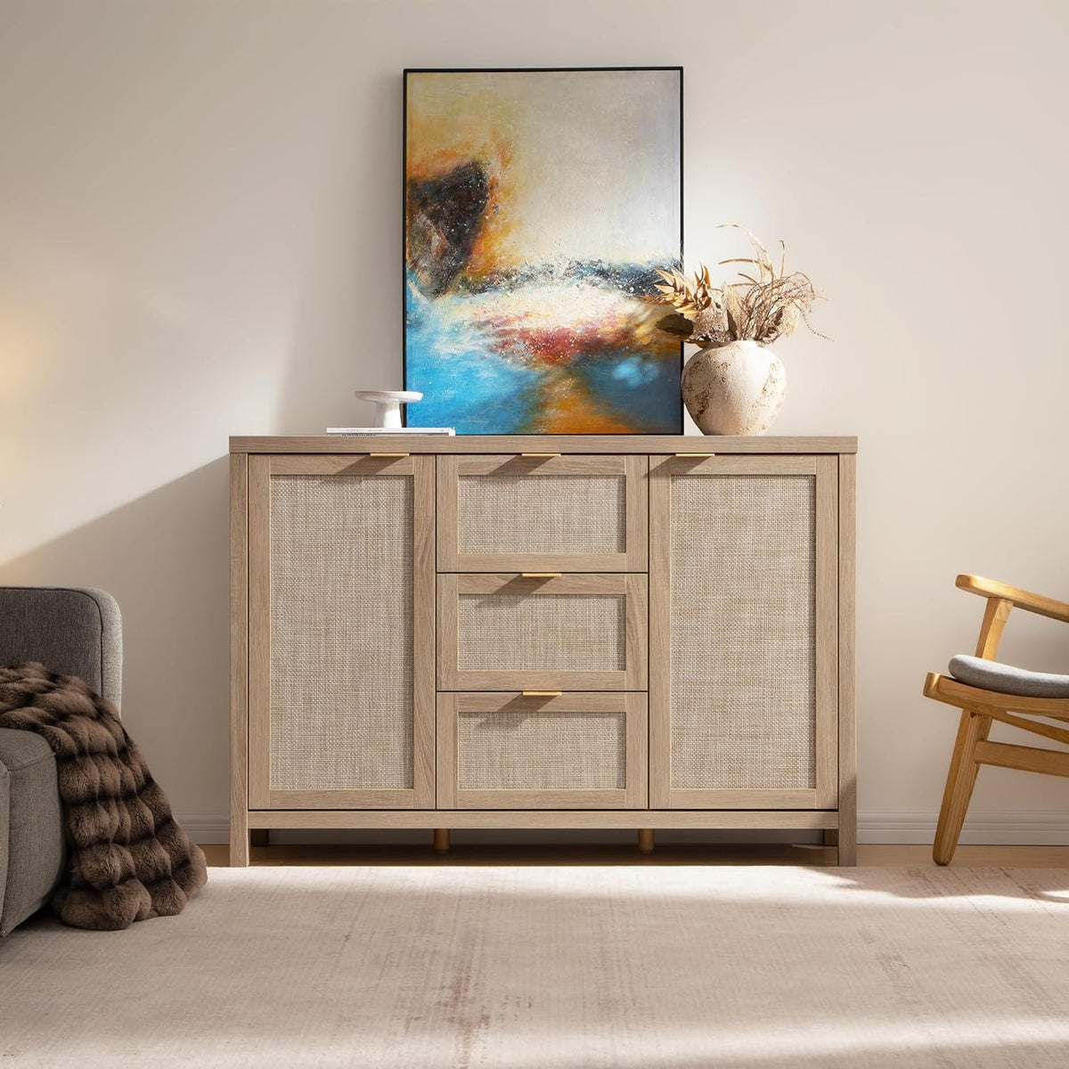 SICOTAS Sideboard Buffet Coffee Bar Cabinet With 3 Drawers And 2 Doors, 52in - Light Oak