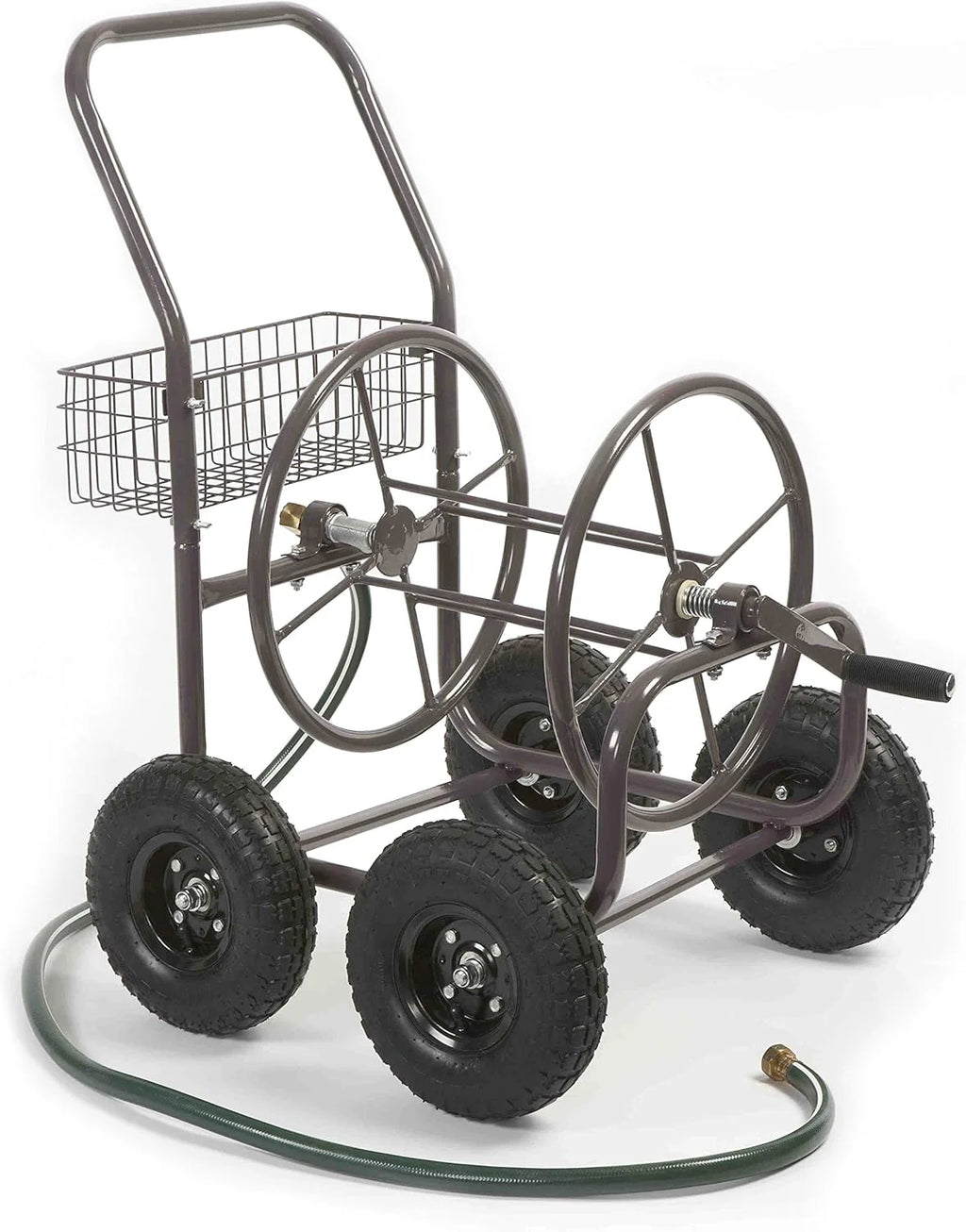 Residential Grade Four Wheel Steel Frame Water Hose Reel Cart With Basket, Brown Bronze - 250 Foot Capacity