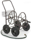 Residential Grade Four Wheel Steel Frame Water Hose Reel Cart With Basket, Brown Bronze - 250 Foot Capacity