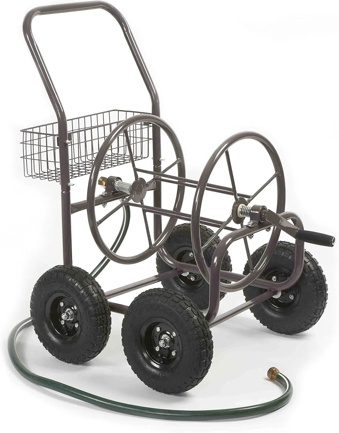 Residential Grade Four Wheel Steel Frame Water Hose Reel Cart With Basket, Brown Bronze - 250 Foot Capacity
