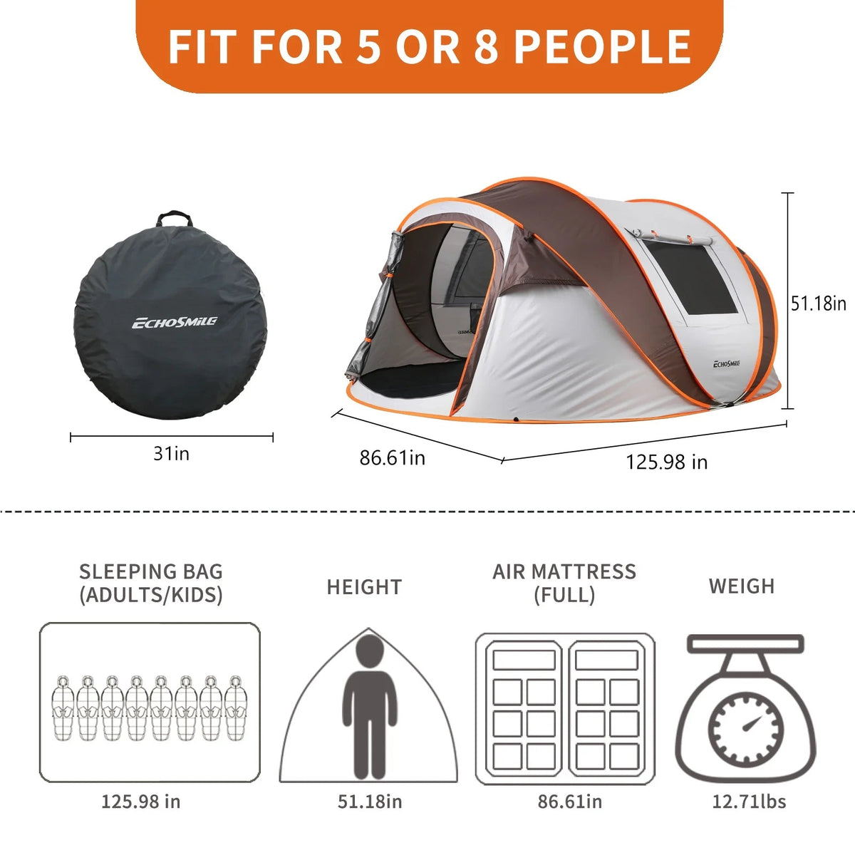 6 Person Instant Cabin Pop Up Tent, White + Orange, 10 Second Setup