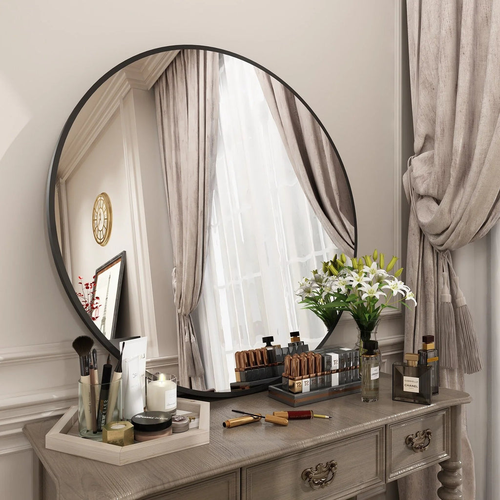 Round Metal Black Frame Bathroom Vanity Mirror - Wall Mounted