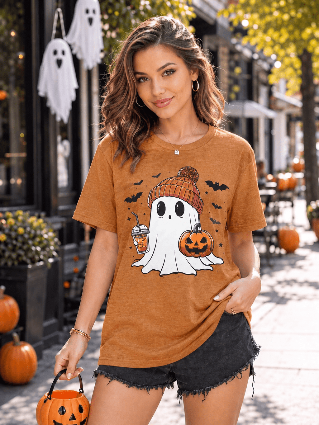 KimSoong Women Halloween T-Shirt Cute Ghost Fall Pumpkin Graphic Shirt Coffee Lover Tees Short Sleeve Tops