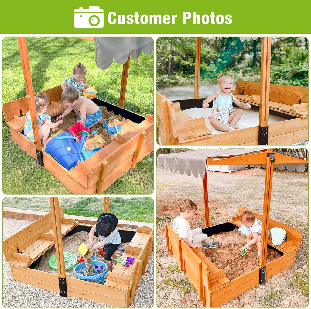 Kids Wooden Outdoor Sandbox With Retractable Canopy, 2 Foldable Bench Seats, 47 x 47 Inch