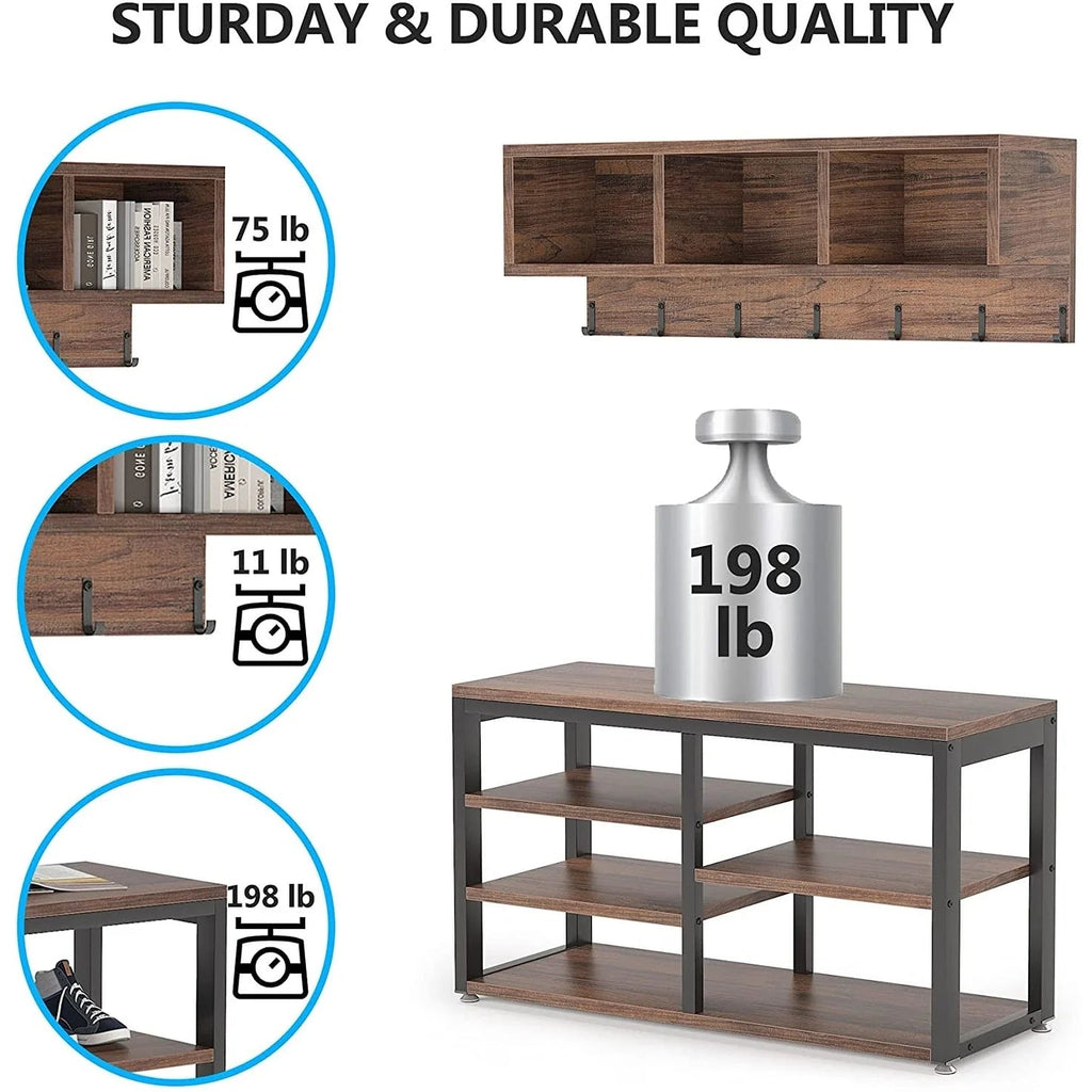 5-in-1 Entryway Hall Tree With Coat Rack, Shoe Bench, 7 Hooks, 3 Cubbies And 3-Tier Shoe Rack