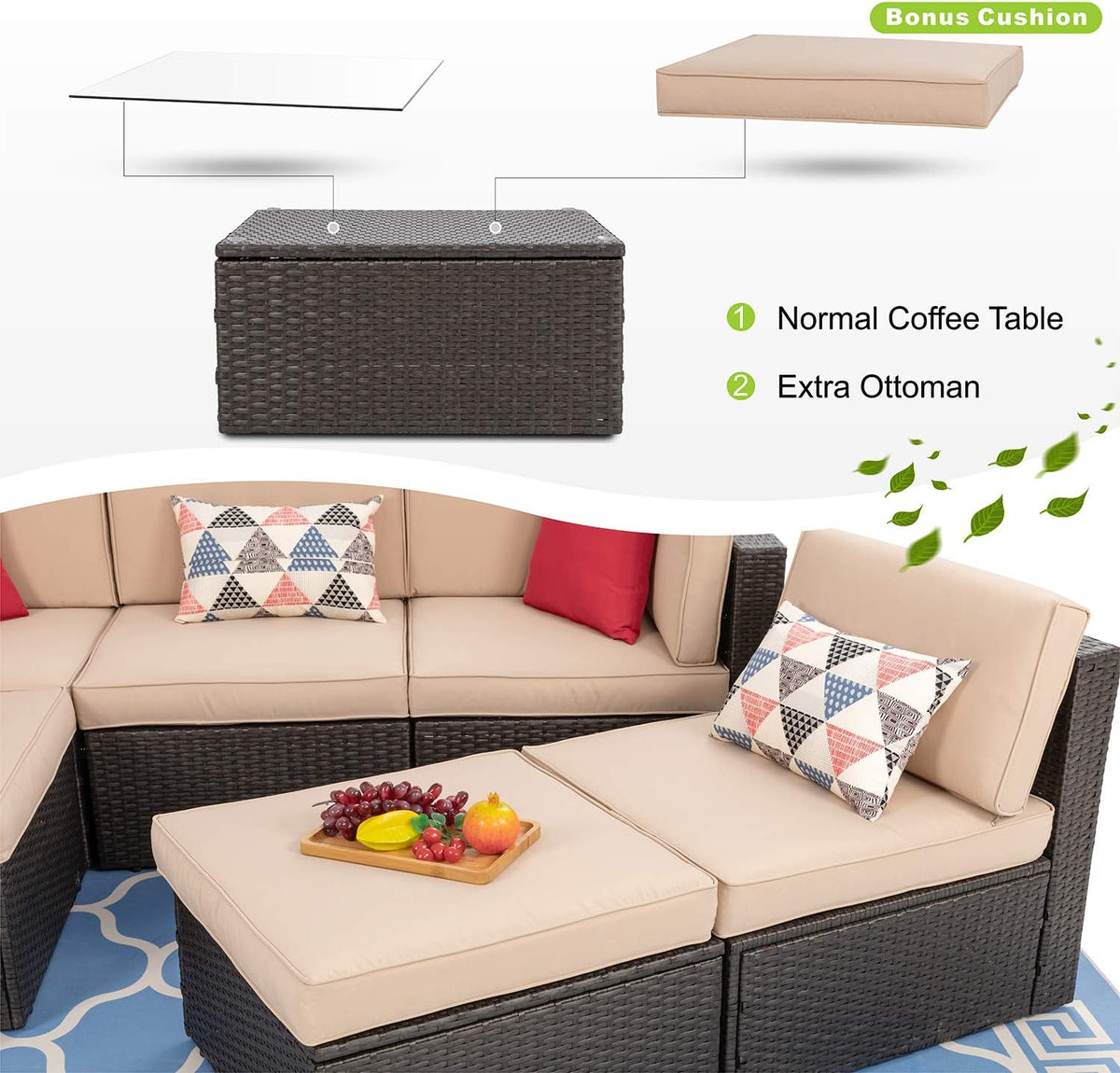 5-Piece All-Weather Wicker Patio Conversation Set With Ottoman And Cushions