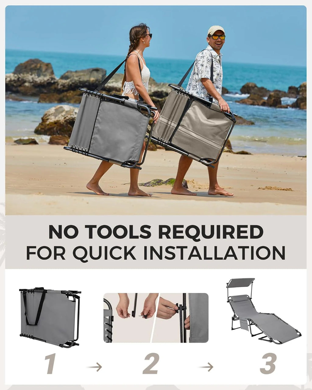 2-Seater Outdoor Folding Sun Chair With Facial Opening, Sunshade, Gray