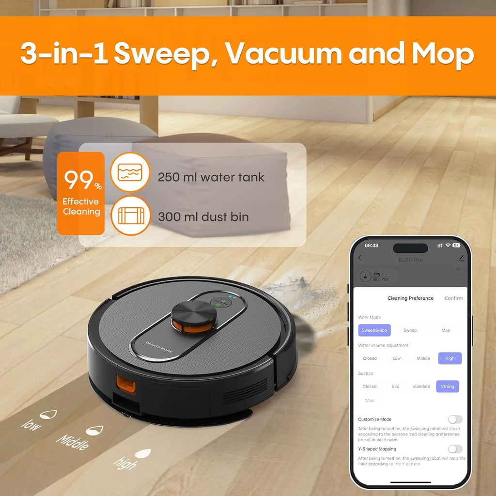 Robot Vacuum and Mop, 5000Pa, LiDAR Navigation, Black - BL20Pro