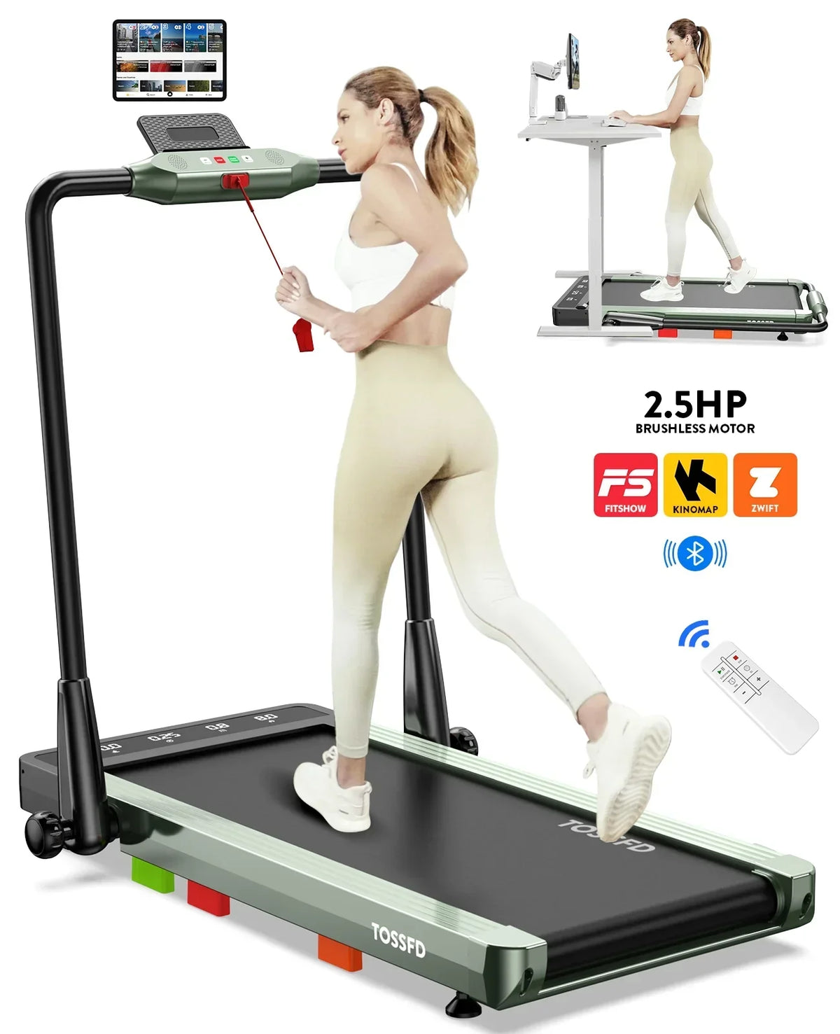 Pooboo 2in1 Folding Under Desk Treadmill, 2.5HP Bluetooth, 265 lbs