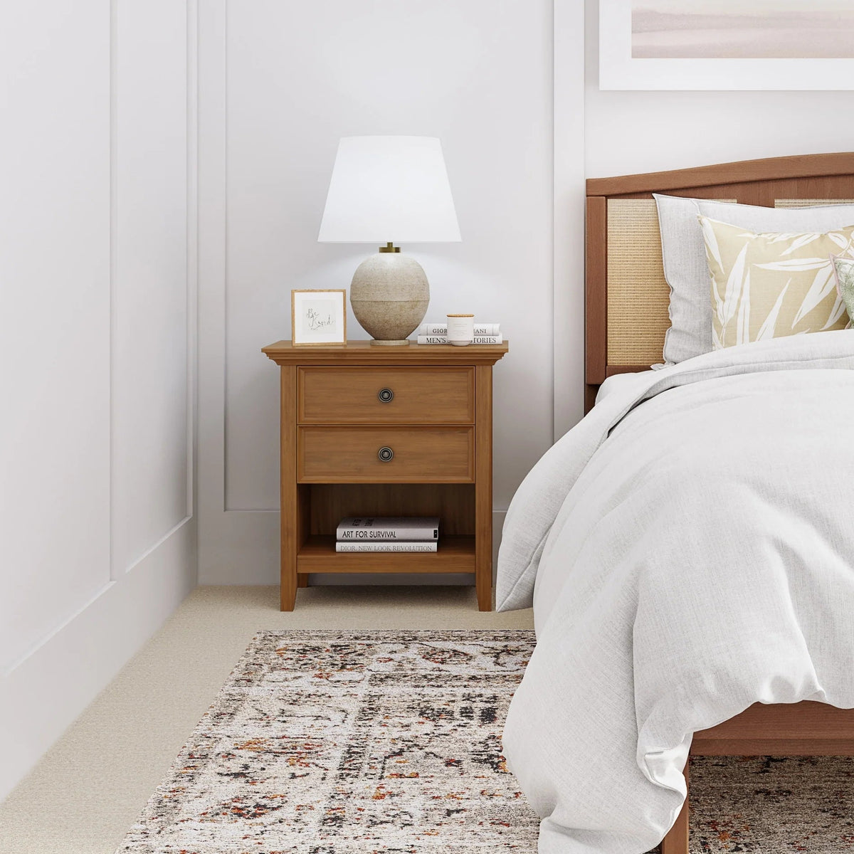 Solid Wood Nightstand With 2 Drawers And Open Shelf, 16 in D x 24 in W x 26 in H
