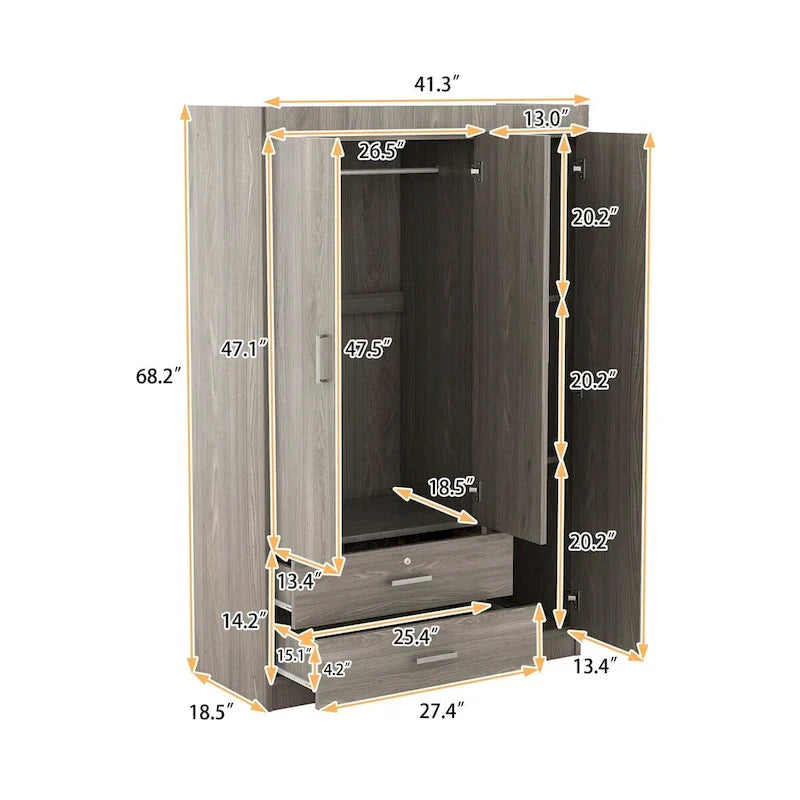 3-Door Wardrobe With 2 Drawers, Shelves And Hanging Rail
