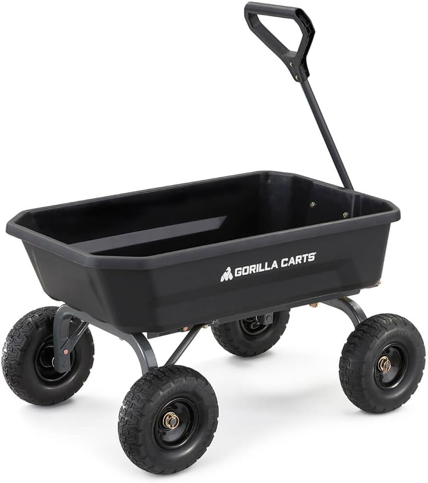 Poly Dump Garden Cart With No-Flat Tires And Serrated Shovel, 7 Cubic Feet, 1,200 lb Capacity, Black