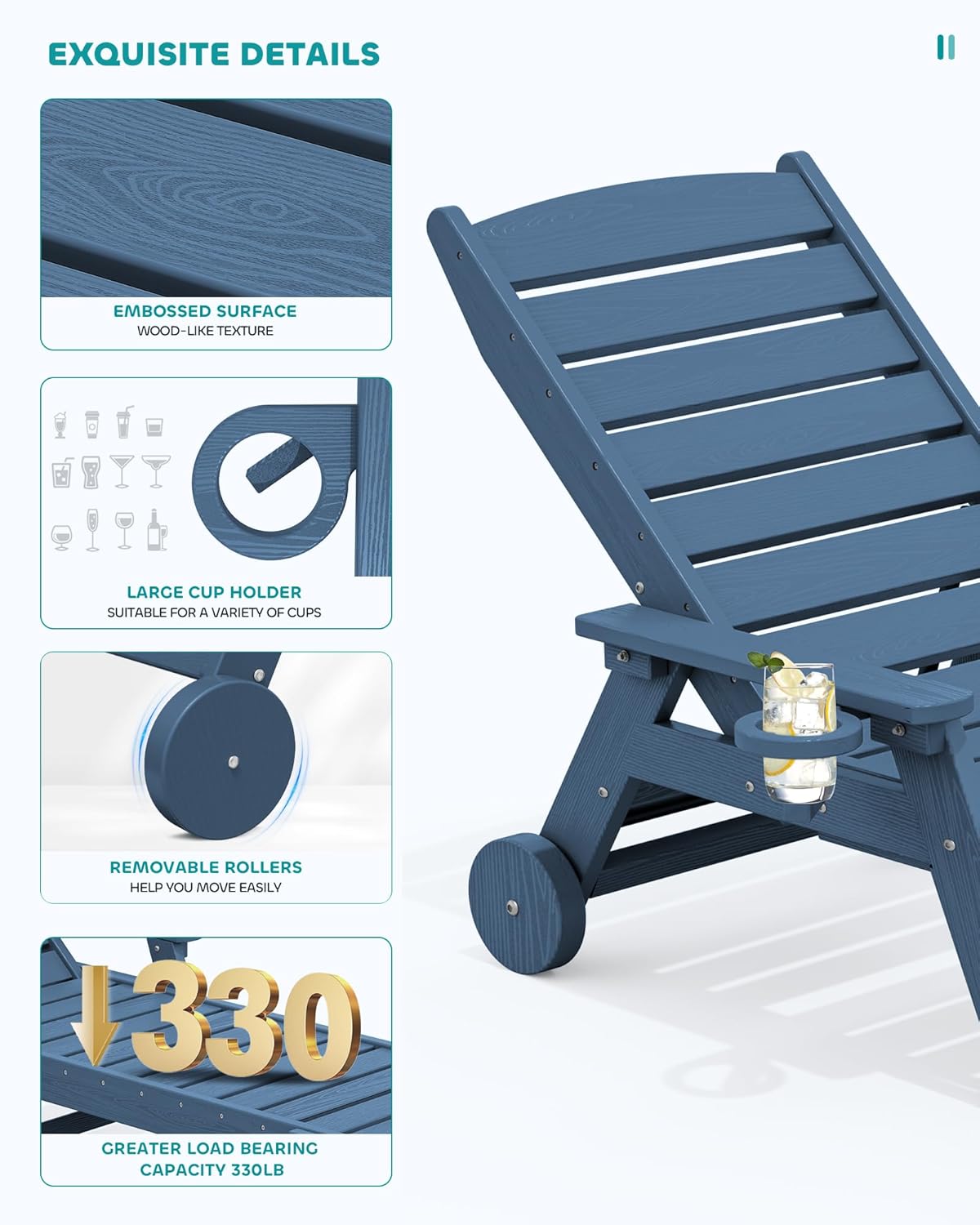 SERWALL Patio Chaise Lounge Chair Set Of 2, 78 Inch, 5-Position Adjustable, HDPE - Blue