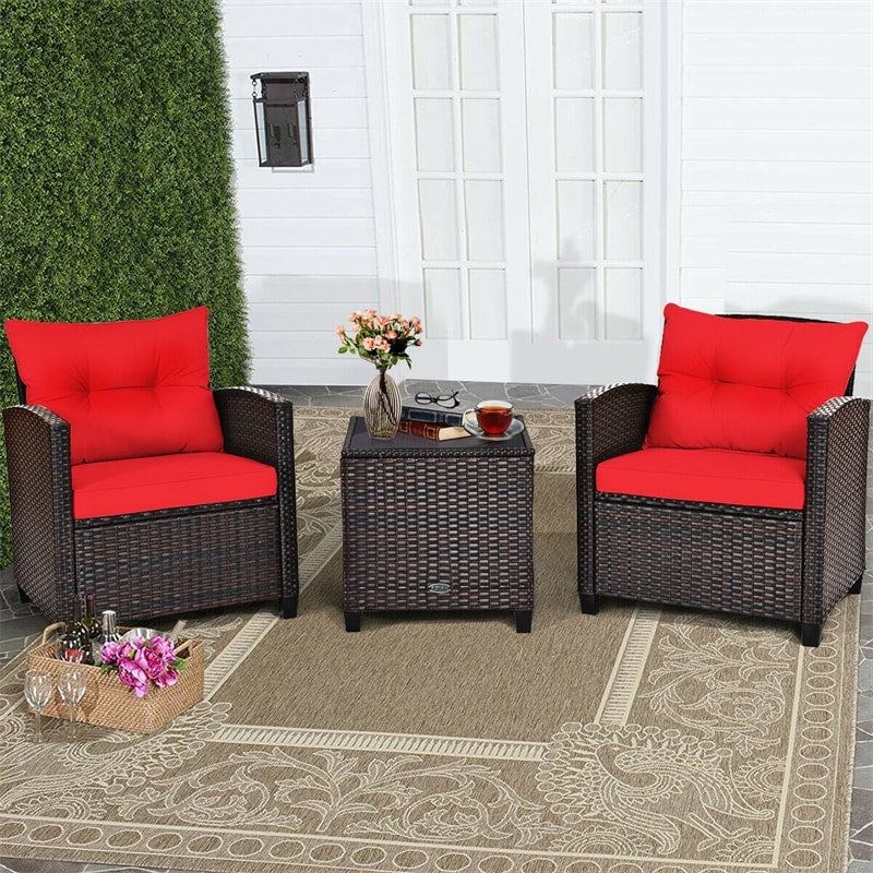 3-Piece Rattan Patio Conversation Set With Cushions And Coffee Table