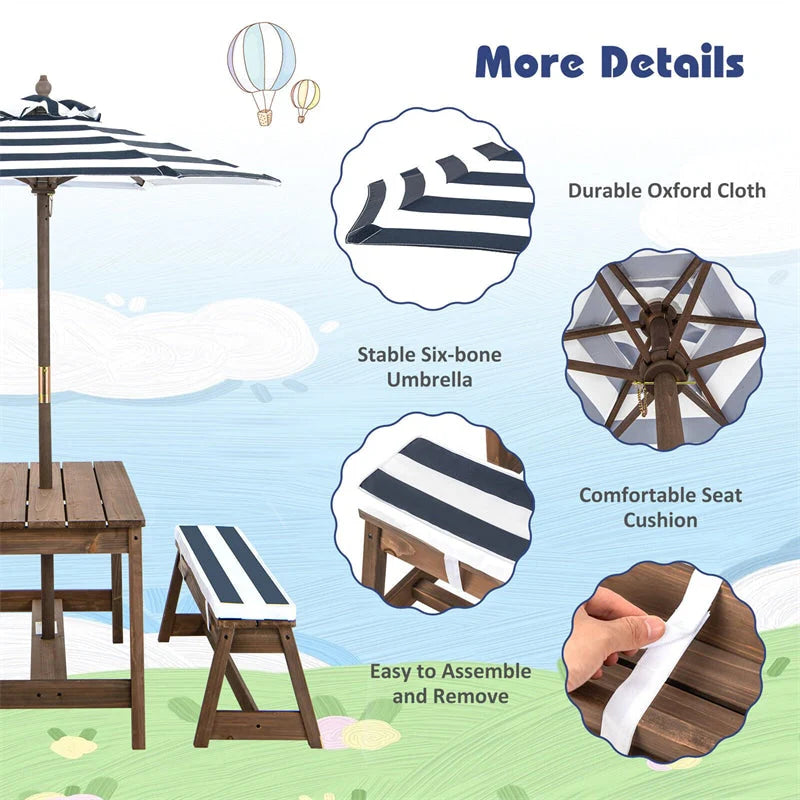 Wooden Kids Picnic Table Bench Set With Cushions And Height-Adjustable Umbrella - 35 in