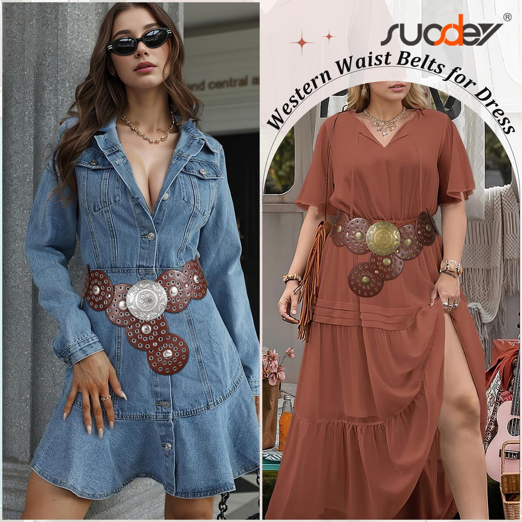 Women's Concho Disc Belt Western Cowboy Cowgirl Wide Leather Boho Country Waist Belts for Dress Jeans