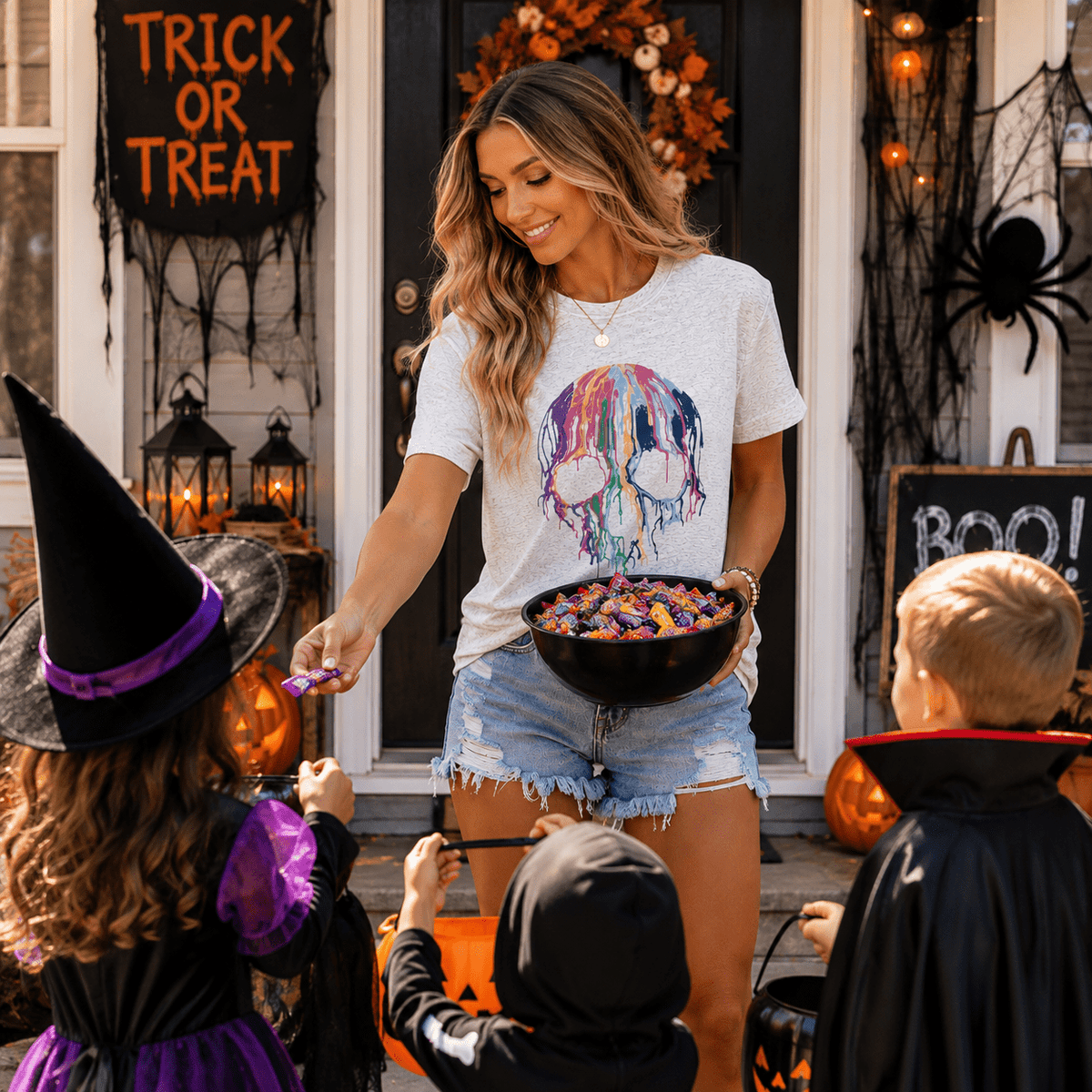 KimSoong Women Halloween Skeleton Graphic T-Shirts Crew Neck Short Sleeve Tees Tops
