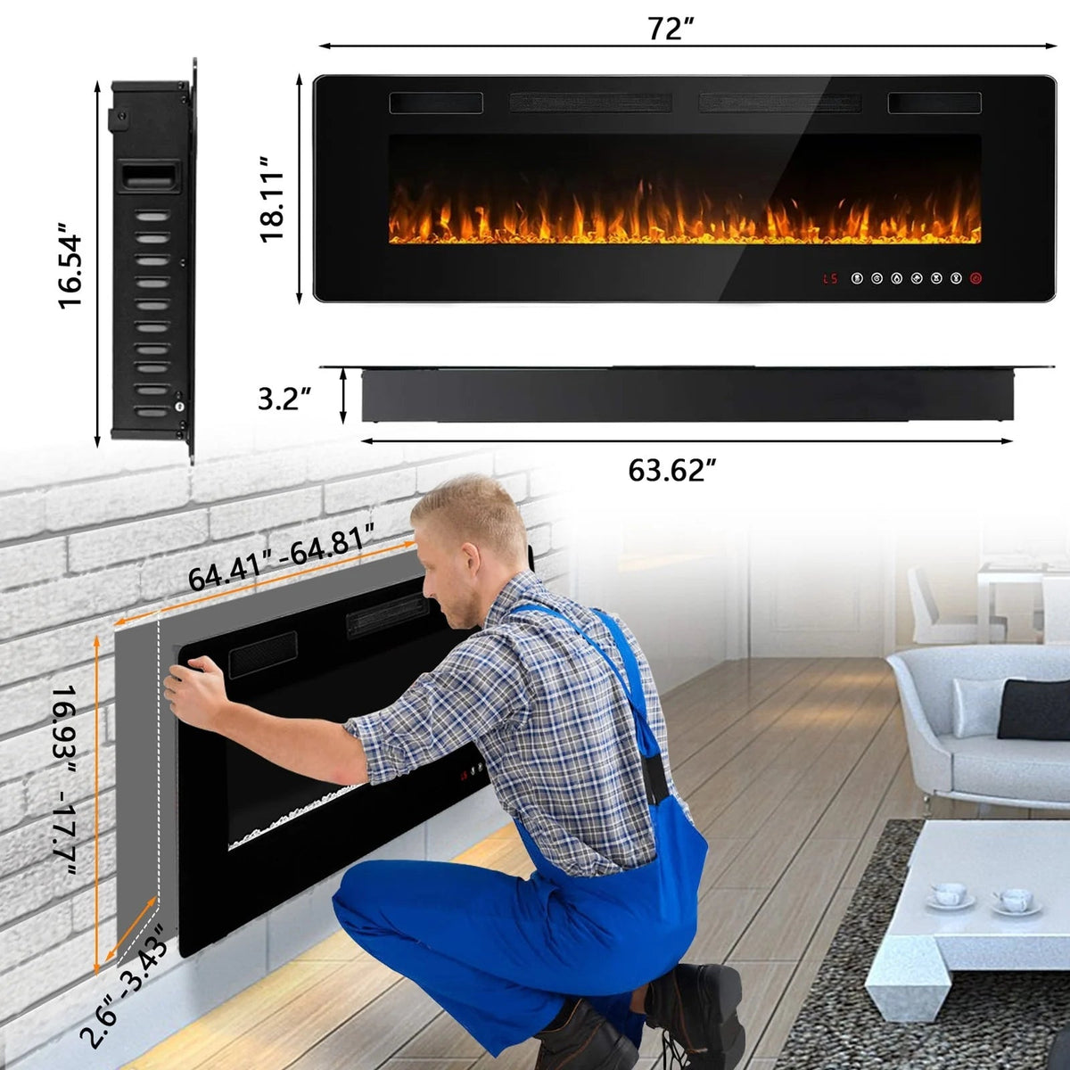 Ultra-Thin Linear Electric Fireplace, 30-72 Inch, Wall Mounted/Recessed
