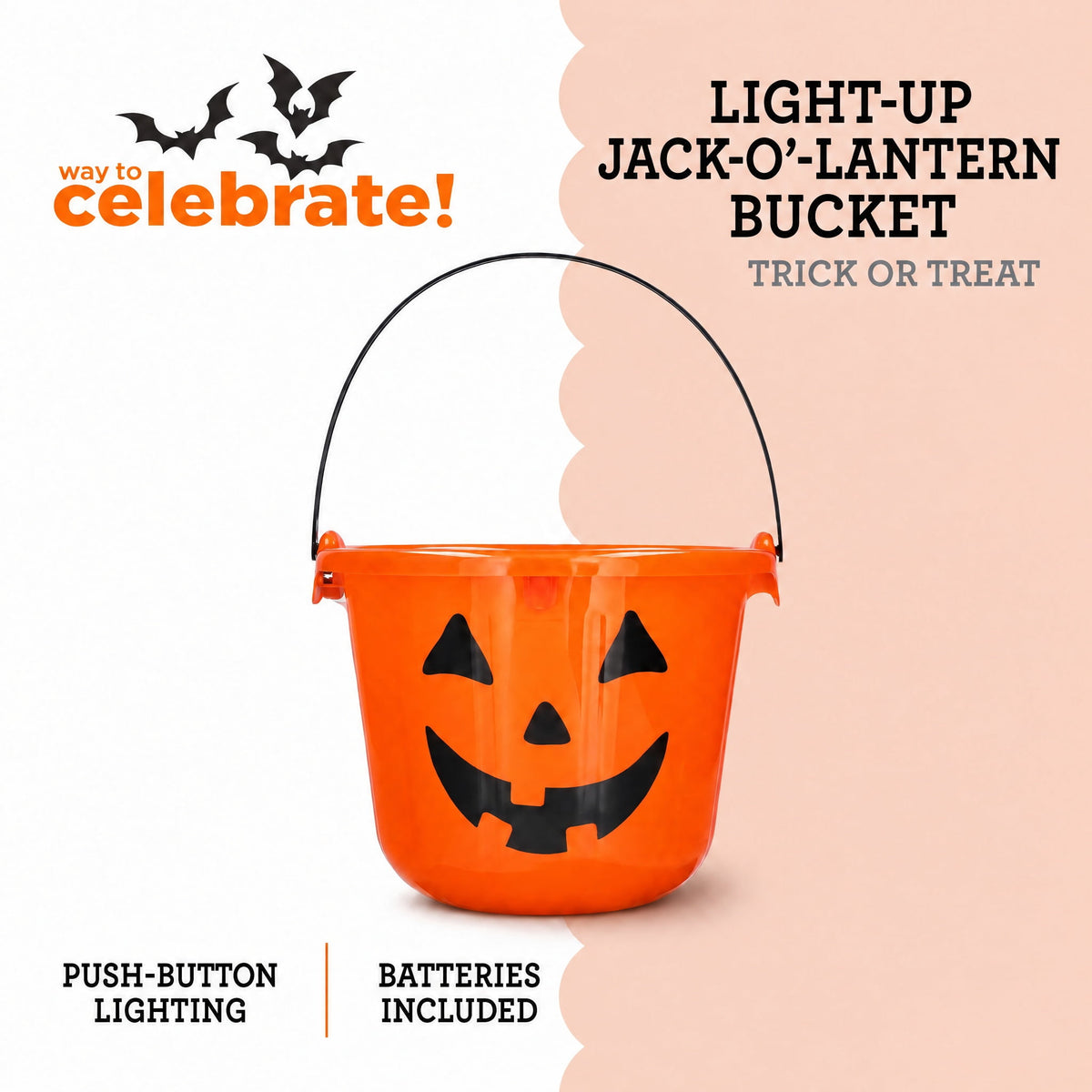 Light-Up Jack-o'-Lantern Trick-or-Treat Bucket, Orange, 6.5", Halloween by Way To Celebrate
