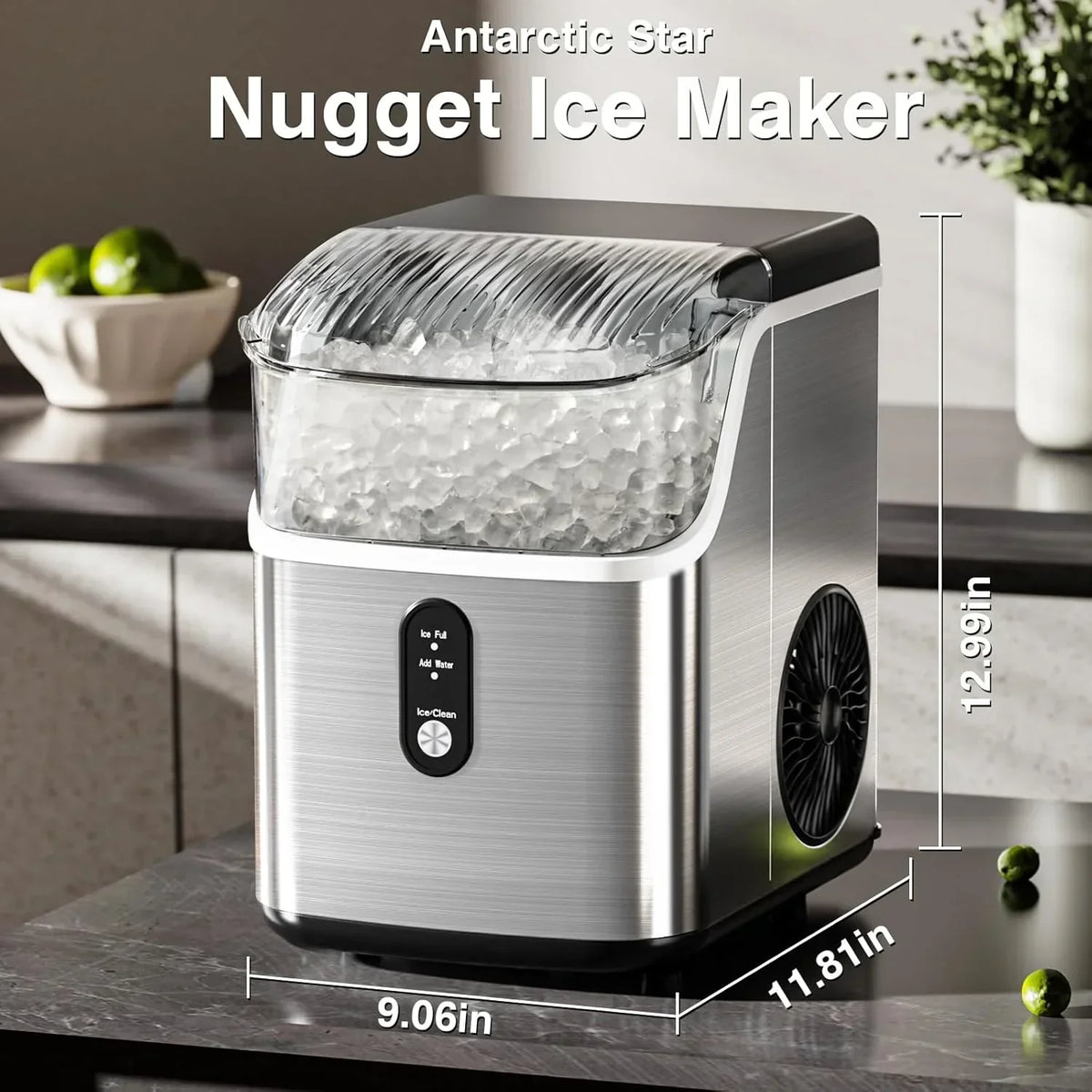 Countertop Nugget Ice Maker, 1.1 Liters, 34 lbs/24H, 8.66 x 11.30 x 12.68 inches, Black