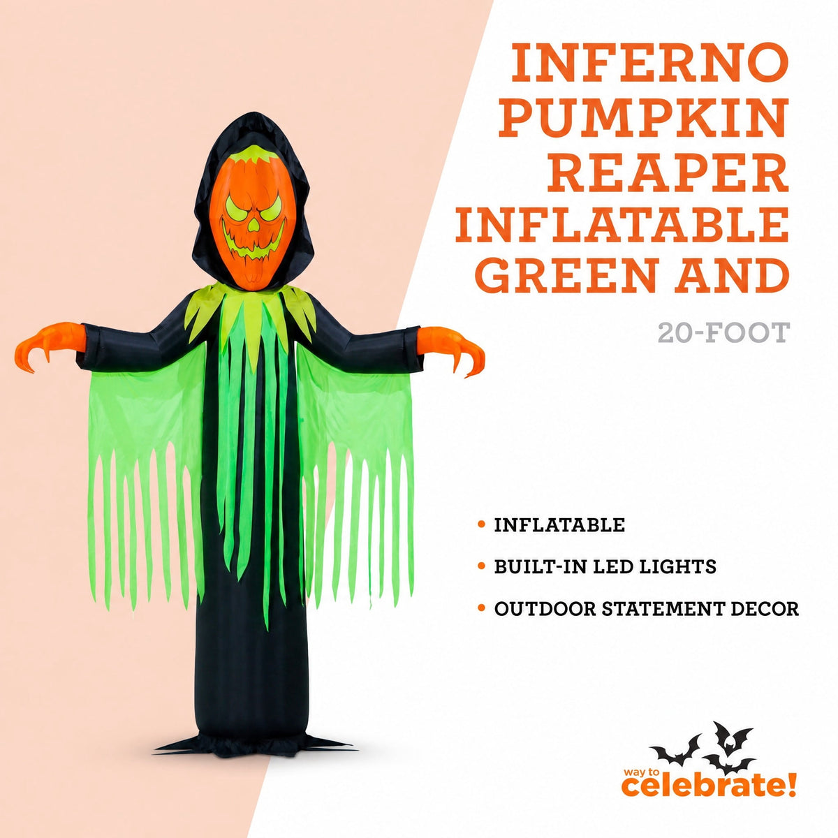 Inferno Pumpkin Reaper Airblown Yard Inflatable, Orange/Green/Black, 20', Halloween by Way To Celebrate