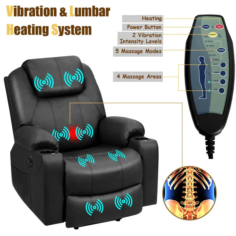Electric Power Lift Recliner Chair With Leather Massage, Lumbar Heating, 8 Vibrating Nodes, Cup Holders And USB Port