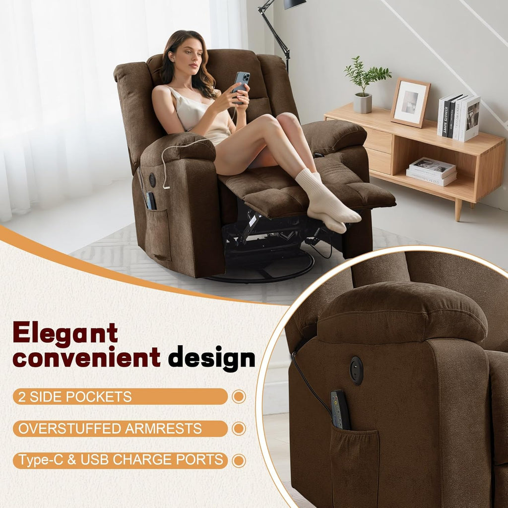 Korser Swivel Rocker Recliner Chair With Massage, Heating, USB Charging And Storage