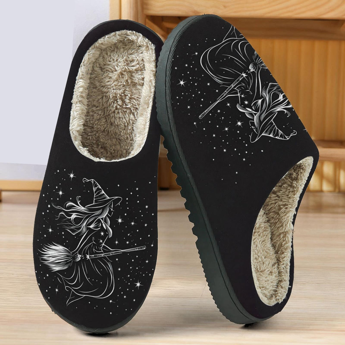 PMVFHDE Halloween Fuzzy Winter Ons Witch Print Flat Indoor Footwear For Home Sole Warm Comfortable Women’s Shoes Black - 10