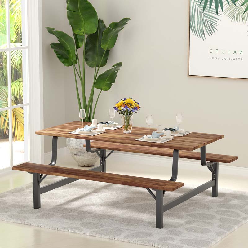 Acacia Wood Picnic Table Bench Set, 71in With 2in Umbrella Hole And Metal Frame