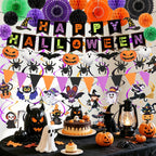 KORALAKIRI Halloween Party Decorations Happy Halloween Banner Honeycomb Balls Paper Fans Hanging Swirls Triangle Garland for Indoor Home Office Class School Party Supplies