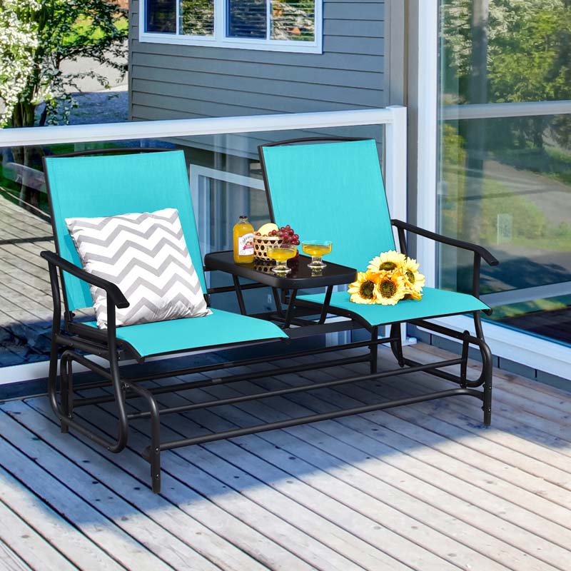 2-Person Outdoor Bench Glider Chair With Center Table, Mesh Fabric, 57 x 28 x 38 in