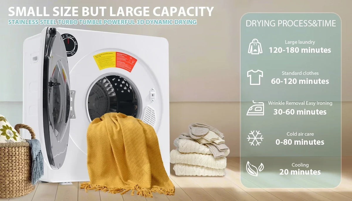 ZNESKPG Portable Compact Front Load Clothes Dryer 1.95 Cu. Ft., 830W, 5 Drying Modes, Stainless Steel Drum