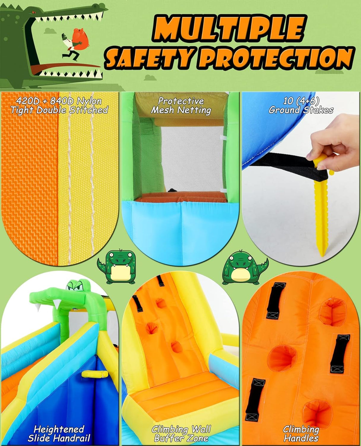 ROOJER Inflatable Water Slide Bounce House 8-in-1 With 450W Blower - Crocodile Water Park