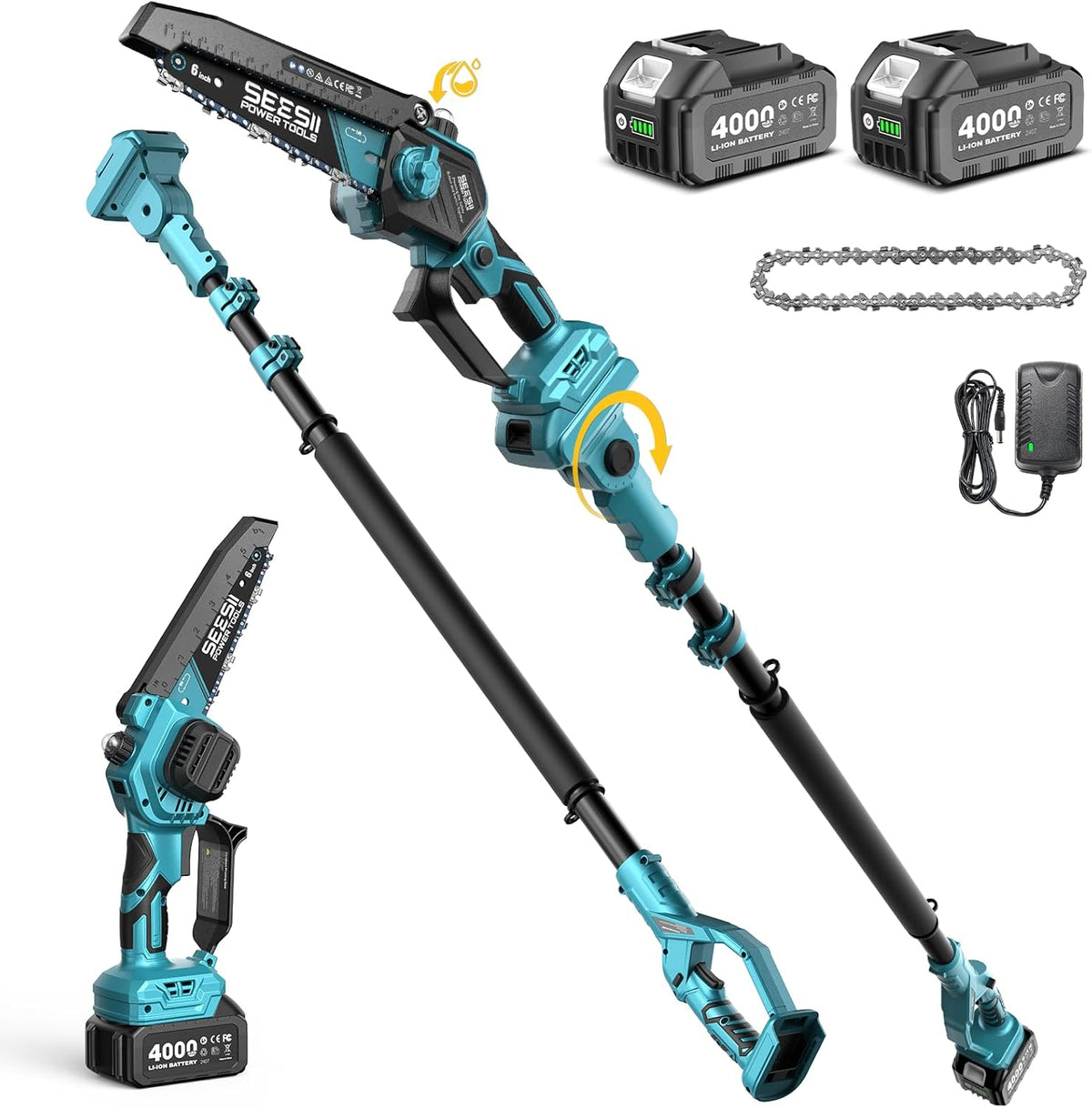 SEESII 2-in-1 Cordless 6 Inch Pole Saw With 2 x 4000mAh Batteries - P6 Ace