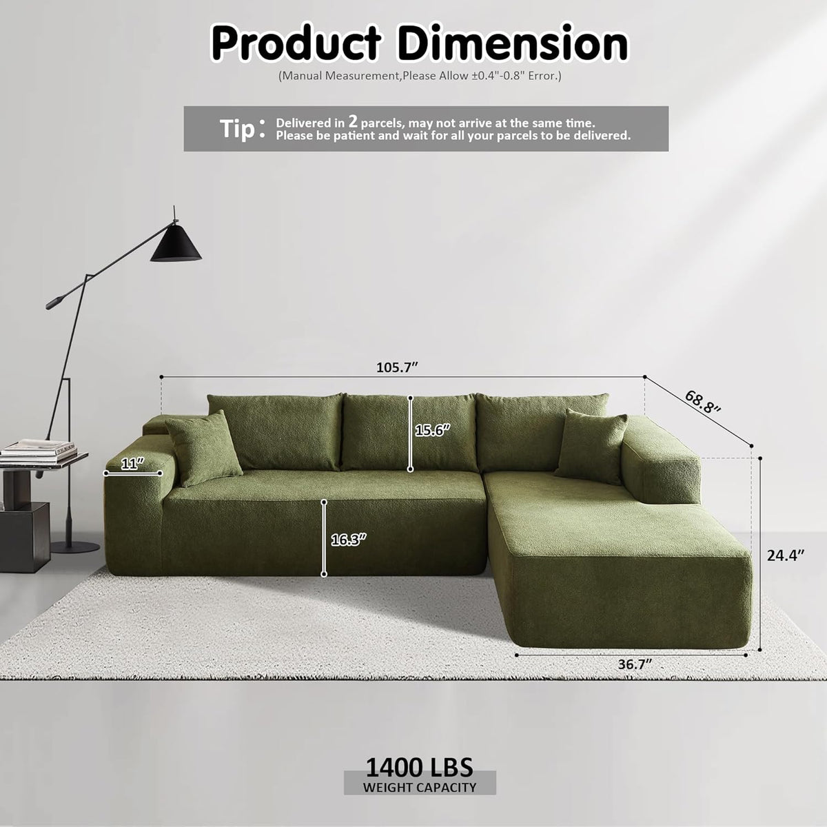 ovios 104in L-Shape Sectional Sofa With Chaise, Grey Plush Corduroy Fabric