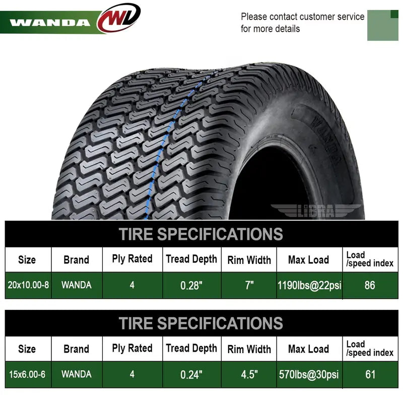 WANDA Lawn Mower Turf Tire Set of 4, 15x6-6 Front and 20x10-8 Rear, 4PR - P332