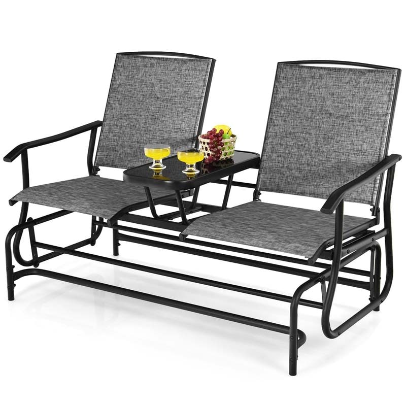 2-Person Outdoor Bench Glider Chair With Center Table, Mesh Fabric, 57 x 28 x 38 in