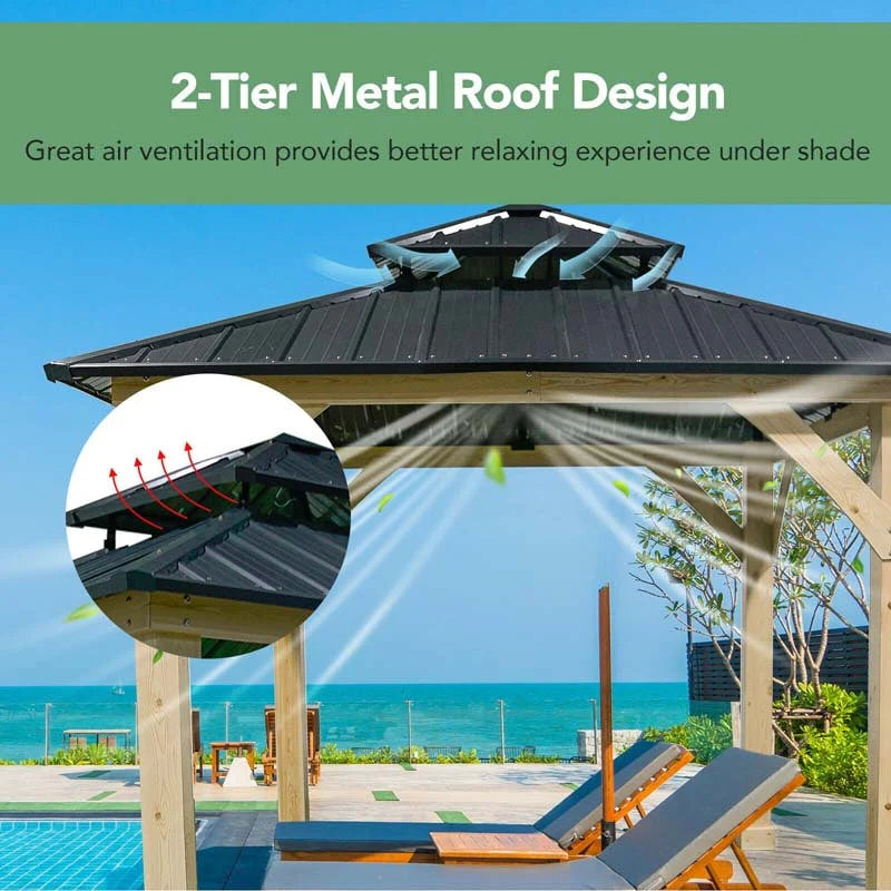 Outdoor Patio Hardtop Gazebo, 10 x 10 Ft, Wood Frame, 2-Tier Metal Roof, Gray