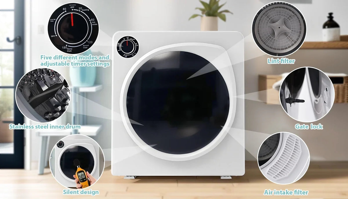 ZNESKPG Portable Compact Front Load Clothes Dryer 1.95 Cu. Ft., 830W, 5 Drying Modes, Stainless Steel Drum