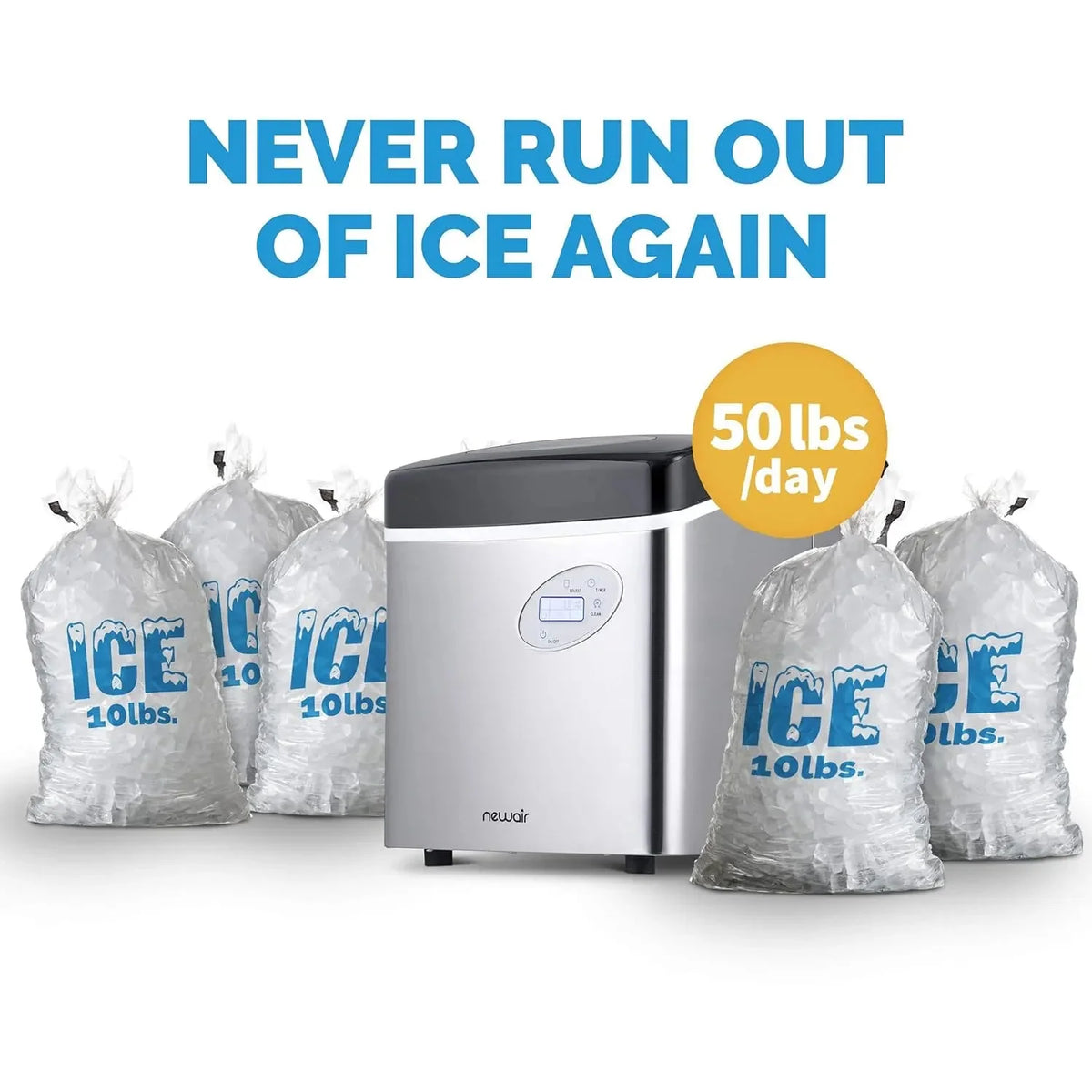 Newair Portable Countertop Ice Maker, 50 lb Daily, 12 Cubes in Under 7 Minutes, 3 Ice Sizes, Stainless Steel