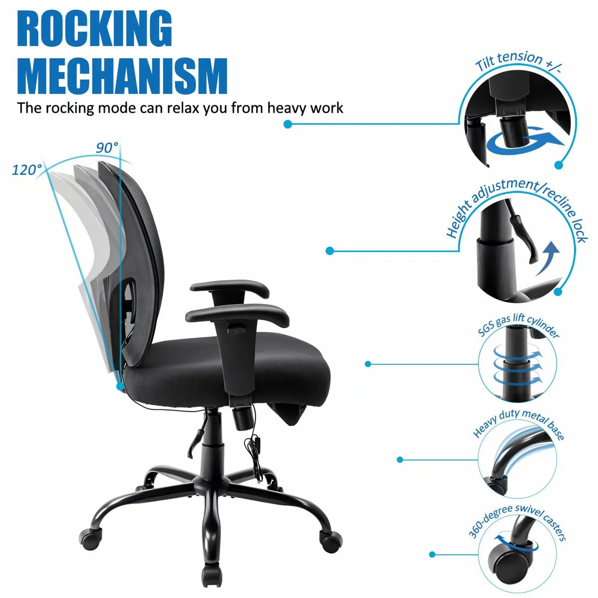 Bigroof Mesh Office Chair With Flip-Up Arms, Lumbar Support, Height Adjustable, Black