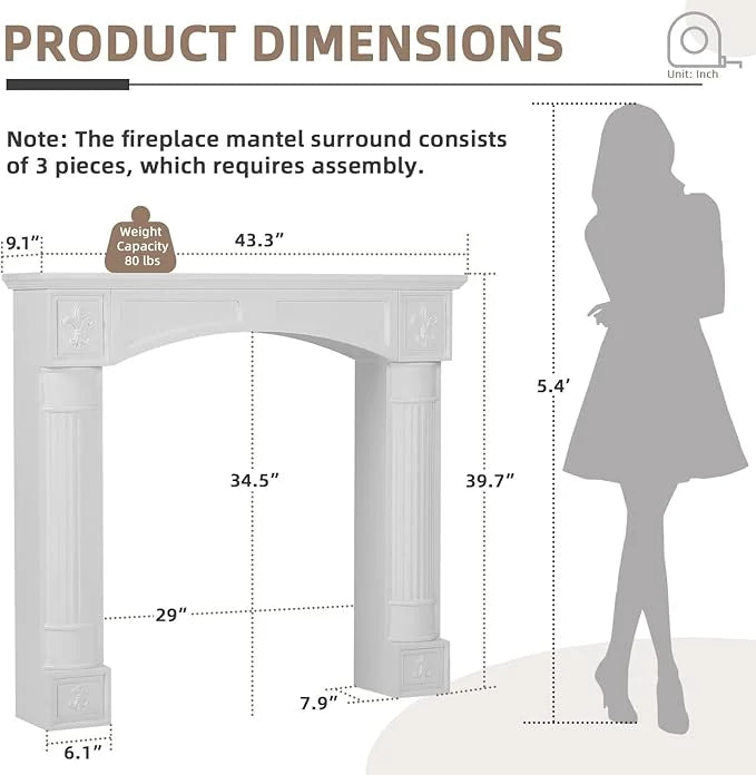 EPICOZY Fireplace Mantel Surround With Shelf, 43.3in - MDF