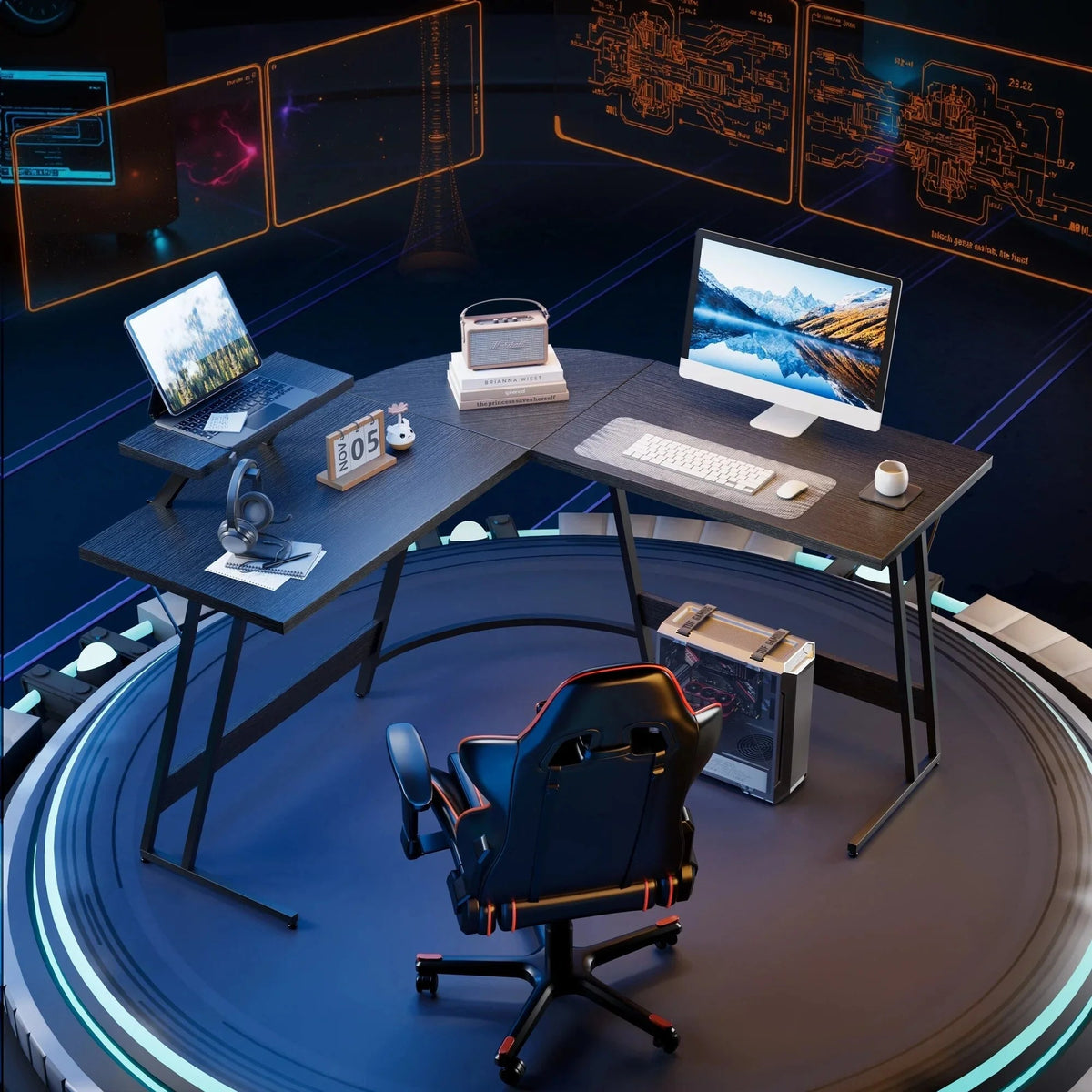 L-Shaped Gaming Computer Corner Desk With Monitor Stand - 220 lbs Capacity