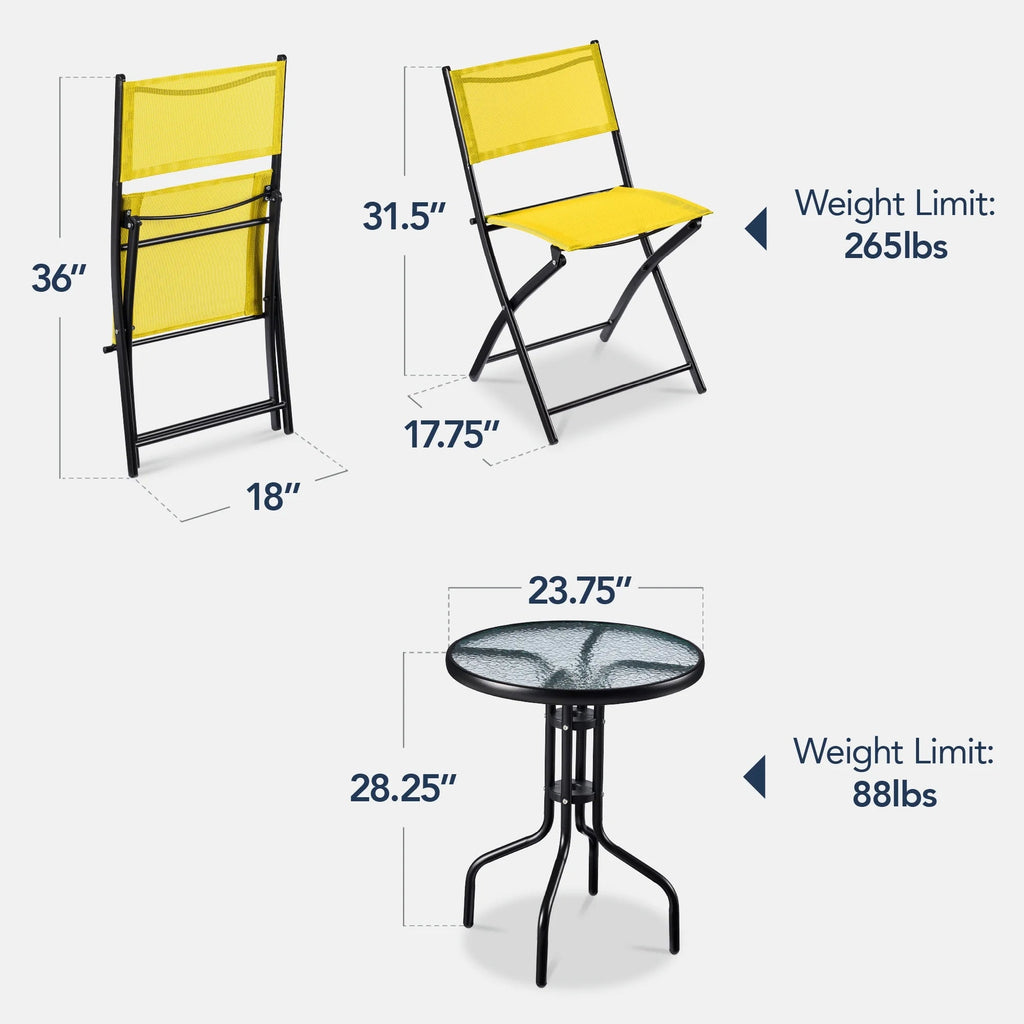 Best Choice Products 3-Piece Patio Bistro Dining Set With Glass Tabletop And Folding Chairs - Gray