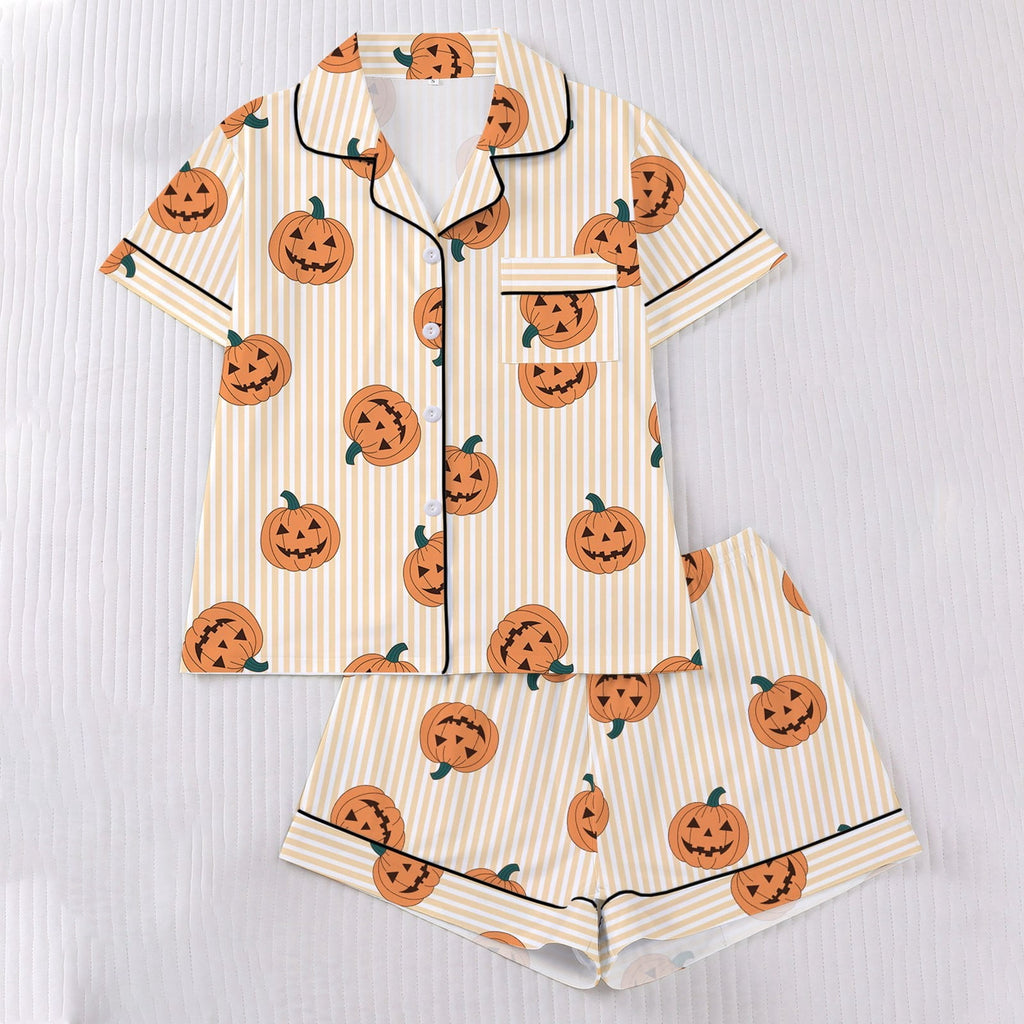 CUZIBR Girls Halloween Pajamas Sets Soft Comfortable Ghost Pumpkin Lapel Button Short Sleeve Shirt Elastic Waist Shorts 2 Pieces Sleep Loungewear Relaxed Sleepwear Outfits, Orange-C