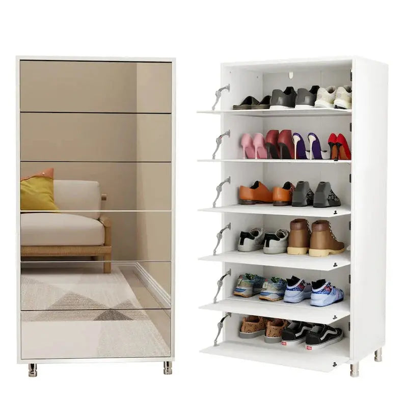 Flip-Door Mirror Shoe Cabinet 6-Tier Organizer With Metal Legs And Touch-Sensitive Drawers