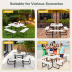 8-Person Outdoor HDPE Square Picnic Table And Bench Set, 67in x 67in x 30in, Metal Frame