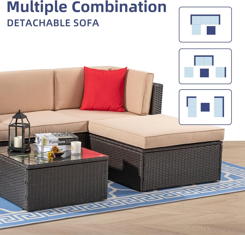5-Piece All-Weather Wicker Patio Conversation Set With Ottoman And Cushions